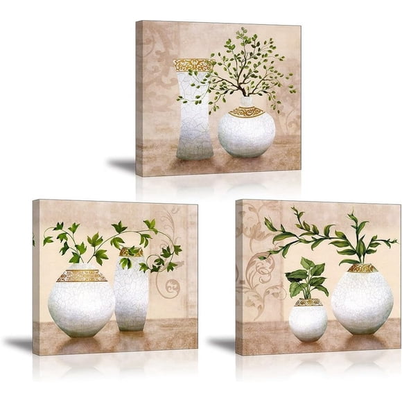 3 Piece Wall Art for Bathroom/Hallway, SZ HD Elegant Canvas Painting Prints of Green Spring Plants in Vases on Beige/Tan Picture (Waterproof Decor, Ready to Hang, 12x12 x3)