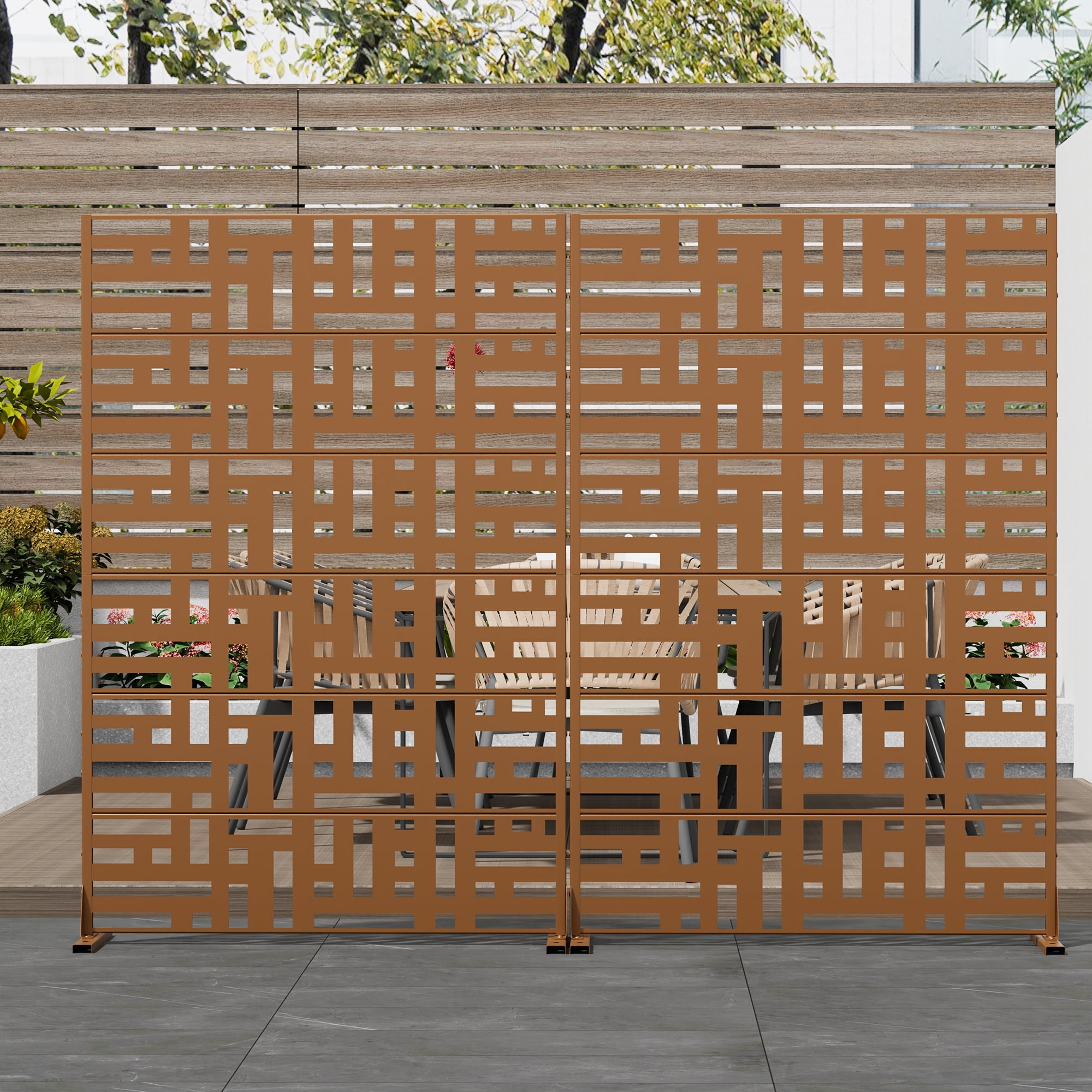MAYEERTY 72×47" Outdoor Brown Metal Privacy Panel Screen for Backyard & Garden, Geometric Maze Pattern