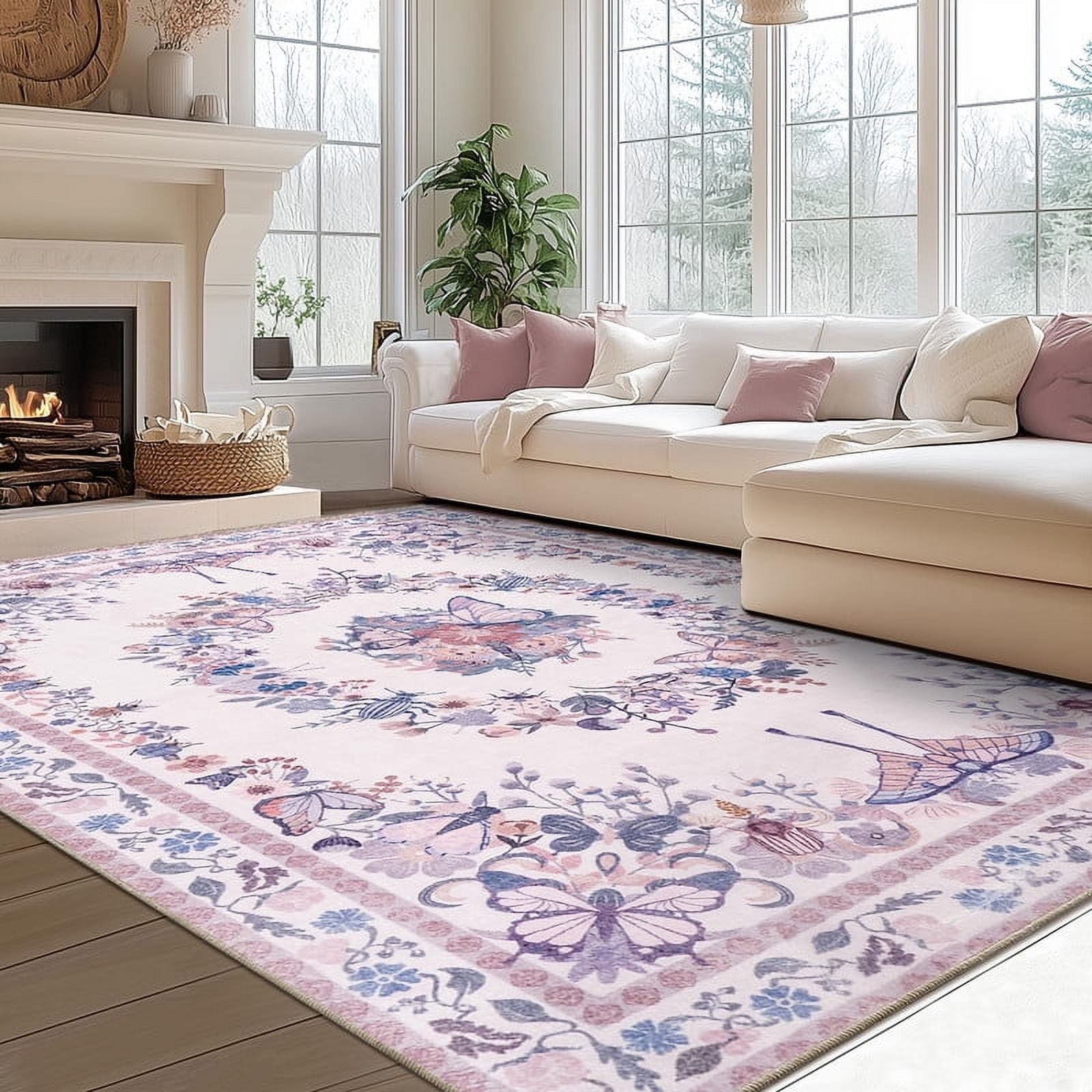 Butterfly Print Washable Pink Area Rug 4x6 for Living Room Bedroom Girls Room Nursery, Non-Slip & Stain Resistant Modern Indoor Dining Room Carpet, Soft Cozy Low Pile Throw Rugs with Rubber Backing
