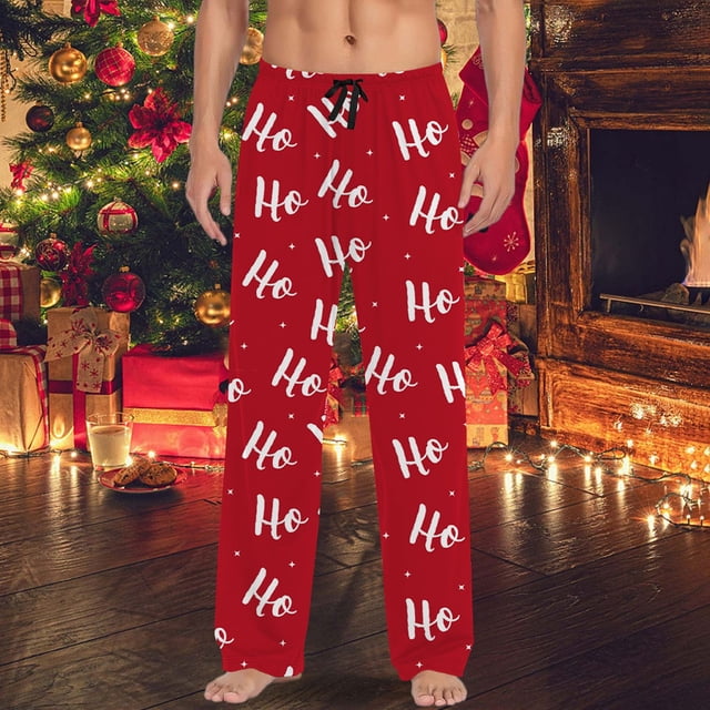 Mens Christmas Casual Pants Pajama Pants With Drawstring And Pockets Christmas Red 2XL