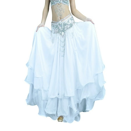 BellyLady Belly Dance Skirt Halloween Tribal Chiffon Tiered Maxi Full Skirt-White