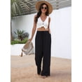 thumbnail image 4 of Wide Leg Pants for Women Drawstring Elastic Waist Trousers with Pockets Summer Vacation Clothes Black S, 4 of 9
