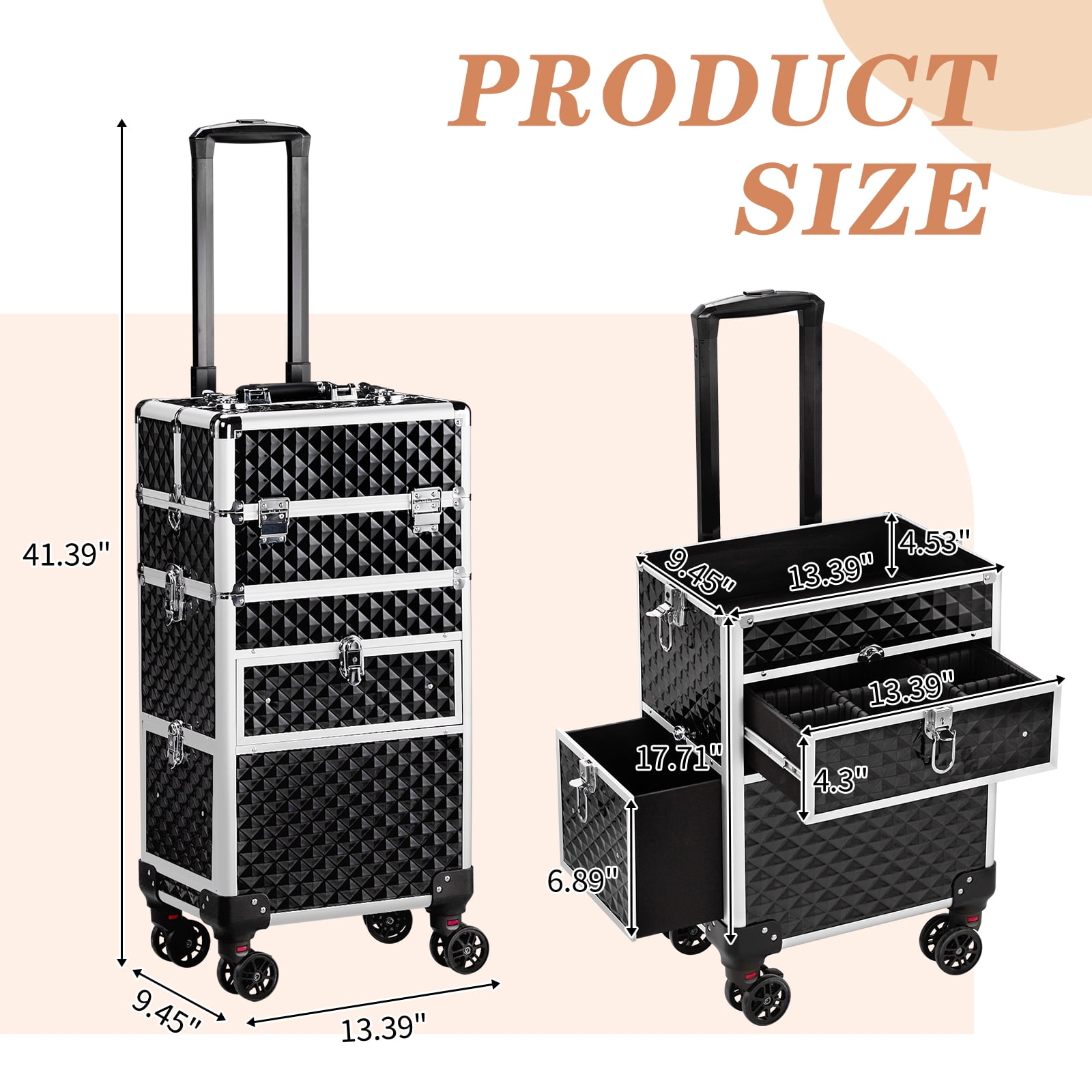 Cosmetic Case 2-in-1 Sliding Suitcase with Rails Detachable Caster Wheel Storage Box, Black 13.39*9.45*28.54in