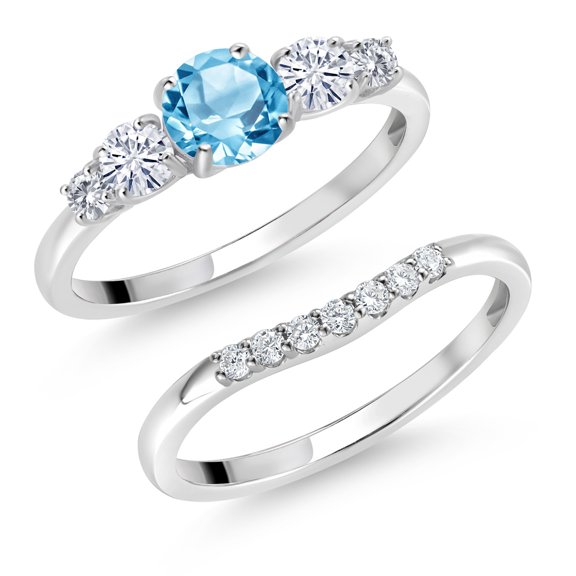 Gem Stone King 10K White Gold Swiss Blue Topaz White Moissanite and White Lab Grown Diamond 5 Stone Bridal Engagement Wedding Ring Set for Women (0.96 Cttw, Round: 5MM and 3MM, Size 8)