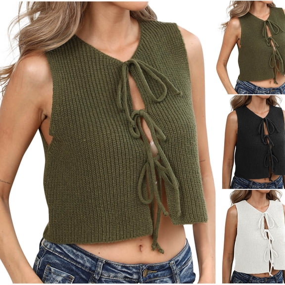 Mgmyaa Women's Slim Casual Pullover Top Crew Neck Sleeveless Tie Front Soft Solid Blouse Tank for Summer Daily Casual