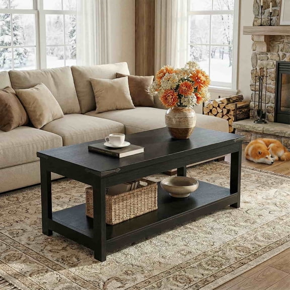 Homieasy 43.3” Farmhouse Wood Coffee Table with Storage Shelf, Modern Center Table for Living Room,Black