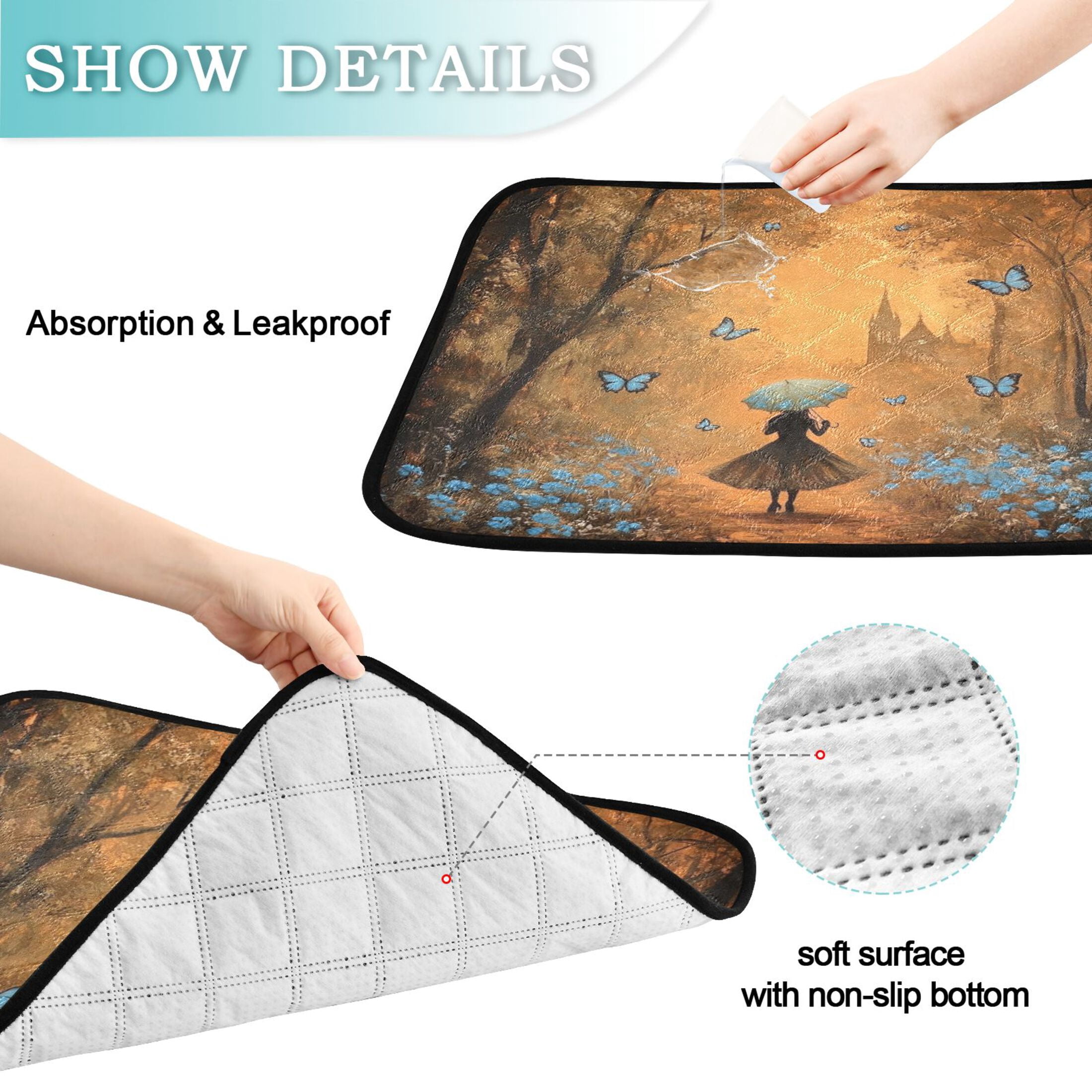 Qxltty Blue Butterfly Forest Cat litter Pads Pet Set of 2 Diaper Mats Center Anti-leakage Layer Absorbent Soft and Comfortable