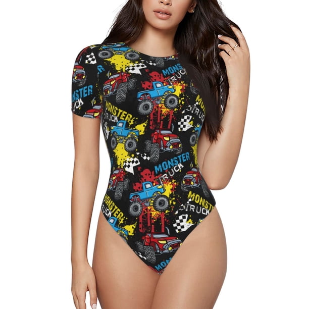 Fotbe Monster Car Body de Mujer con Cuello Redondo y Mangas Cortas, Sin Mangas Ajustado, Suave, Cómodo y Básico-X-Large
