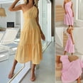 thumbnail image 2 of Summer One Shoulder Sleeveless Ruched Dress Flowy Beach Party Bohemian Maxi Dress For Wemon LadyYellowXL, 2 of 5