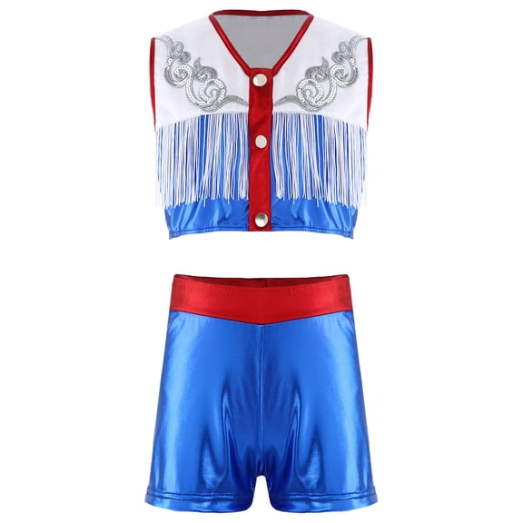 TiaoBug Kids Girls Western Cowgirls Outfits Cheerleading Crop Top with Metallic Shorts Set for Stage Performance Navy Blue 10