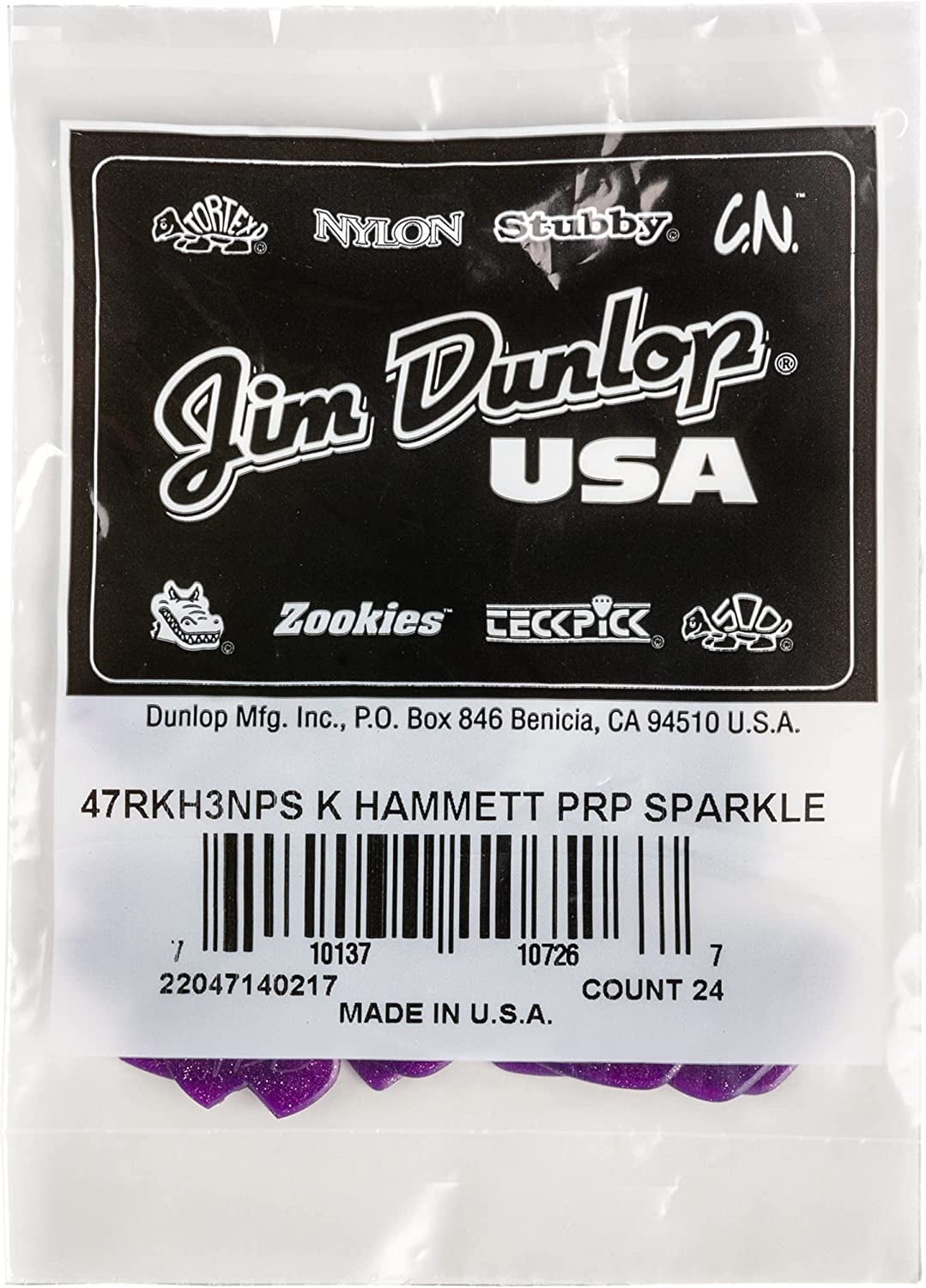 Dunlop Guitar Picks  Kirk Hammett 24 Pack Jazz III Purple Sparkle