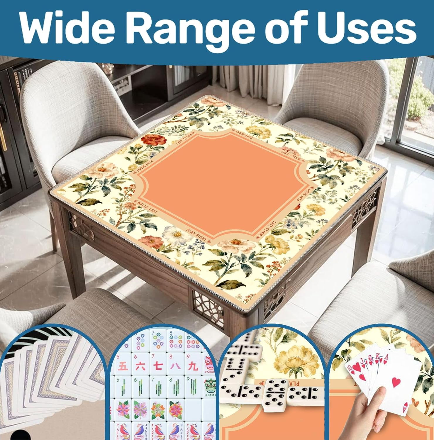 Beige and Orange Vintage Floral Botanical Mahjong Mat 31.5x31.5 Inch, Non-Slip and Noise Reduction Mah Jong Table Mat Cover Gifts for Mahjong Lovers Poker Board Games Dominoes