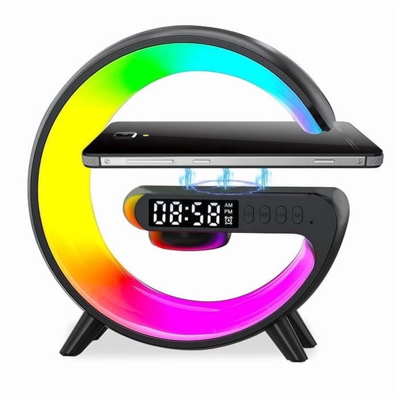 Black G-Shaped Light,Wireless Charger Bluetooth Speaker Ambient Light, Alarm Clock with Wireless Charging,Night Light