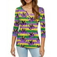 thumbnail image 4 of Mardi Gras Shirts for Women Sequins Mask Print 3/4 Sleeve Blouse Glitter V Neck Party Tunic Tops Light Purple 2XL, 4 of 5