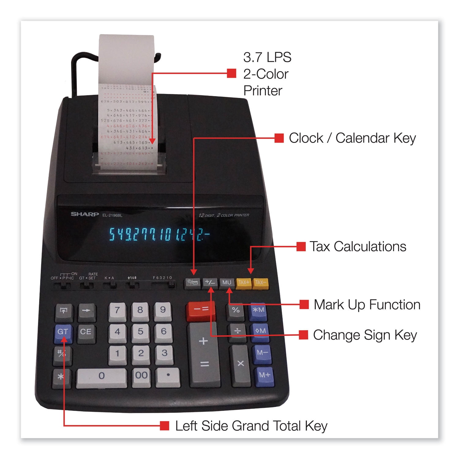 1PC Sharp EL2196BL Two-Color Printing Calculator, Black/Red Print, 3.7 Lines/Sec