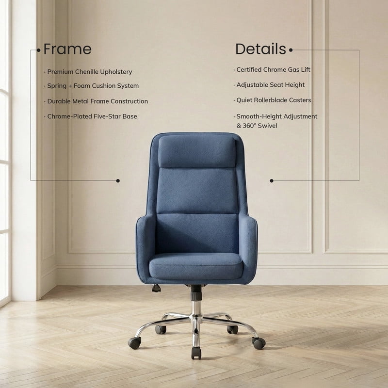 COLAMY Cocoon Modern Executive High Back Home Office Chair, Upholstered Desk Chair with Wheels, Vanity Chair with Head and Lumbar Support, Armrest (Blue)