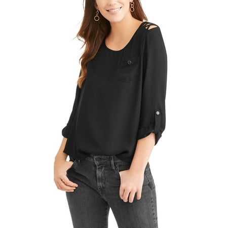 Women's Lattice Shoulder 3/4 Sleeve Roll Sleeve Top