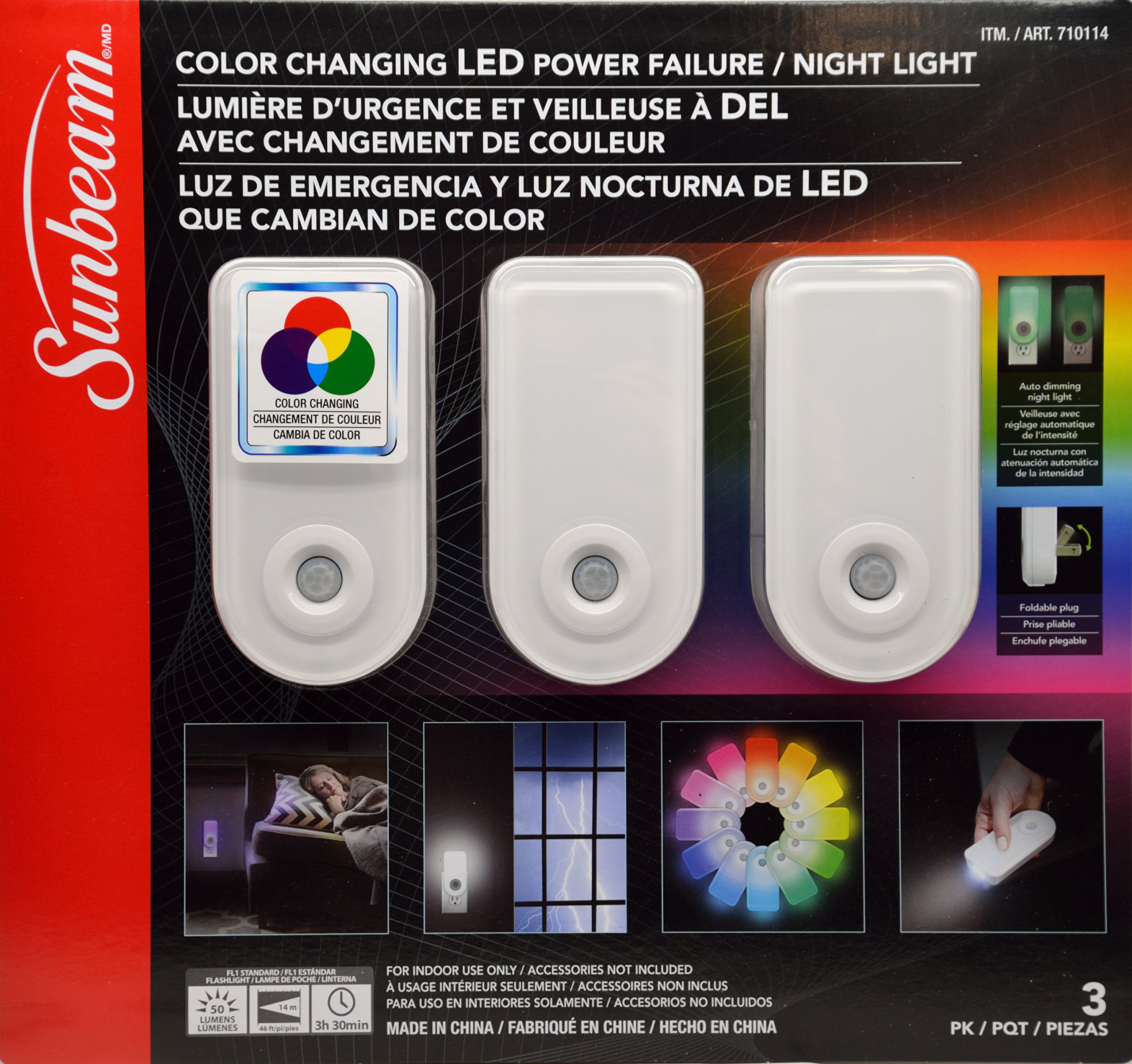 Sunbeam Color Changing LED Power Failure Night Light 3 Pack w/Flashlight & more