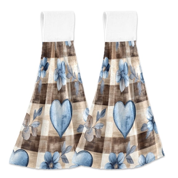 BZSMCE Hanging Hand Towels Fashion Blue Floral Hearts on Check Pattern 2-Pack - Velcro Style Bathroom Kitchen Towels