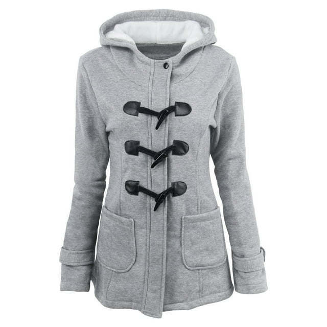 Qertyioot Women Color Horn Buttons Cardigan Padded Hooded Coat Jacket Overcoat
