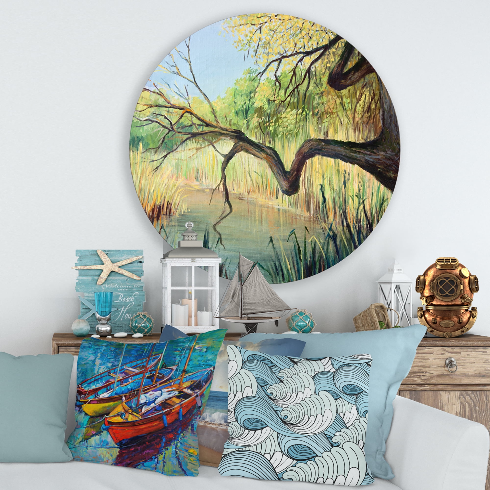 Designart 'The Lake of Silence From The Tree' Lake House Circle Metal Wall Art 29x29 - Disc of 29