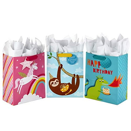 Hallmark 13" Large Kids Birthday Gift Bags Assortment with Tissue Paper - Sloth, Dinosaur, Unicorn (Pack of 3 Gift Bags, 9 Sheets of Tissue Paper)