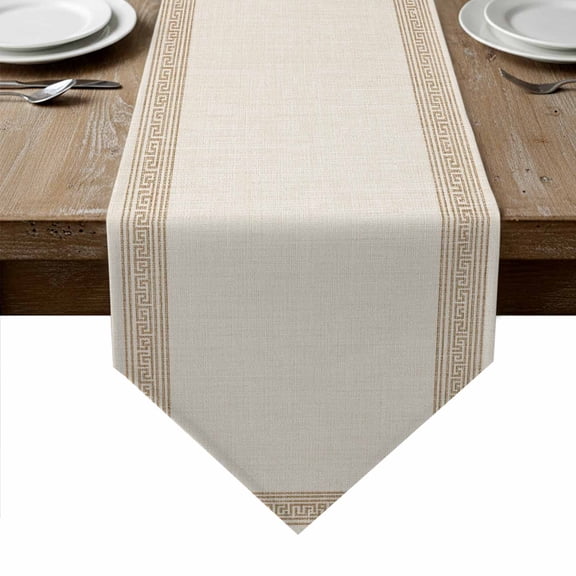 Cream Retro Greek Key Table Runner Linen Burlap Table Runner 120 Inches Long Geometric Greece Ancient Farmhouse Rustic Dresser Scarves for Kitchen Island Coffee Party Holiday Decor 13"x120"