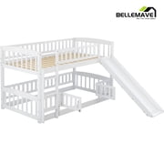 Bellemave Twin over Twin Bunk Bed , Floor Bunk Bed with Slide, Ldder, Door Openable Fence, Wooden Bunk Bed (White)