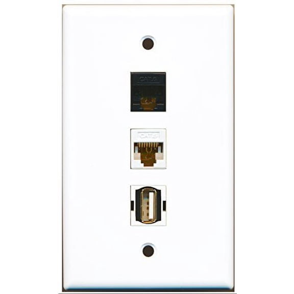 RiteAV - 1 Port USB A-A and 1 Port Cat6 Ethernet White and 1 Port Cat6 Ethernet Black Wall Plate