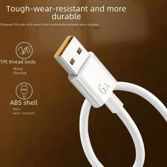 Cable de datos tipo C de cabeza redonda plana de 6 A para teléfono Huawei Millet Glory Vivo, carga súper rápida de 66 W