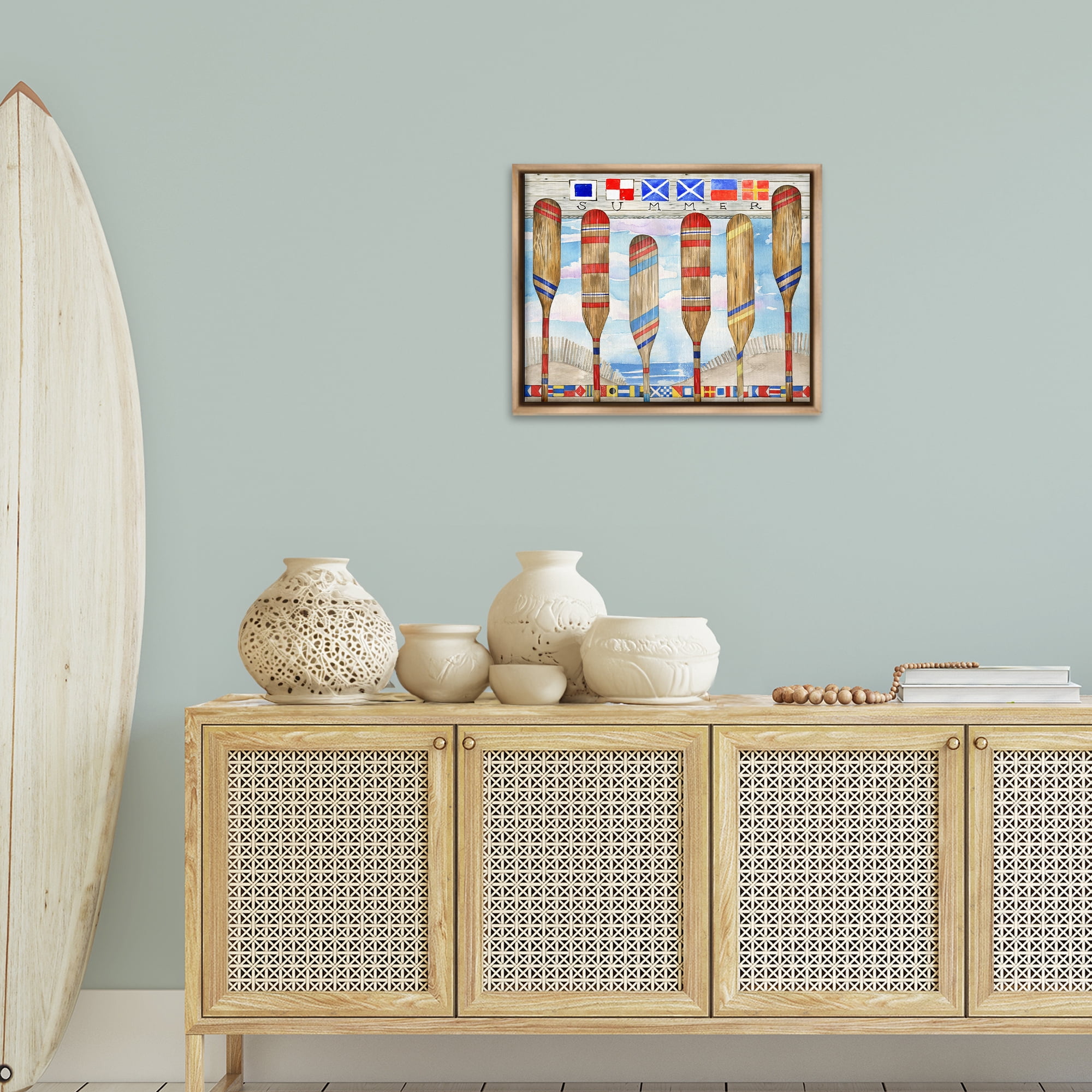 Stupell Industries Nautical Flags & Paddles Nautical & Beach Painting Brown Floater Framed Canvas Art Print Wall Art, 21 x 17
