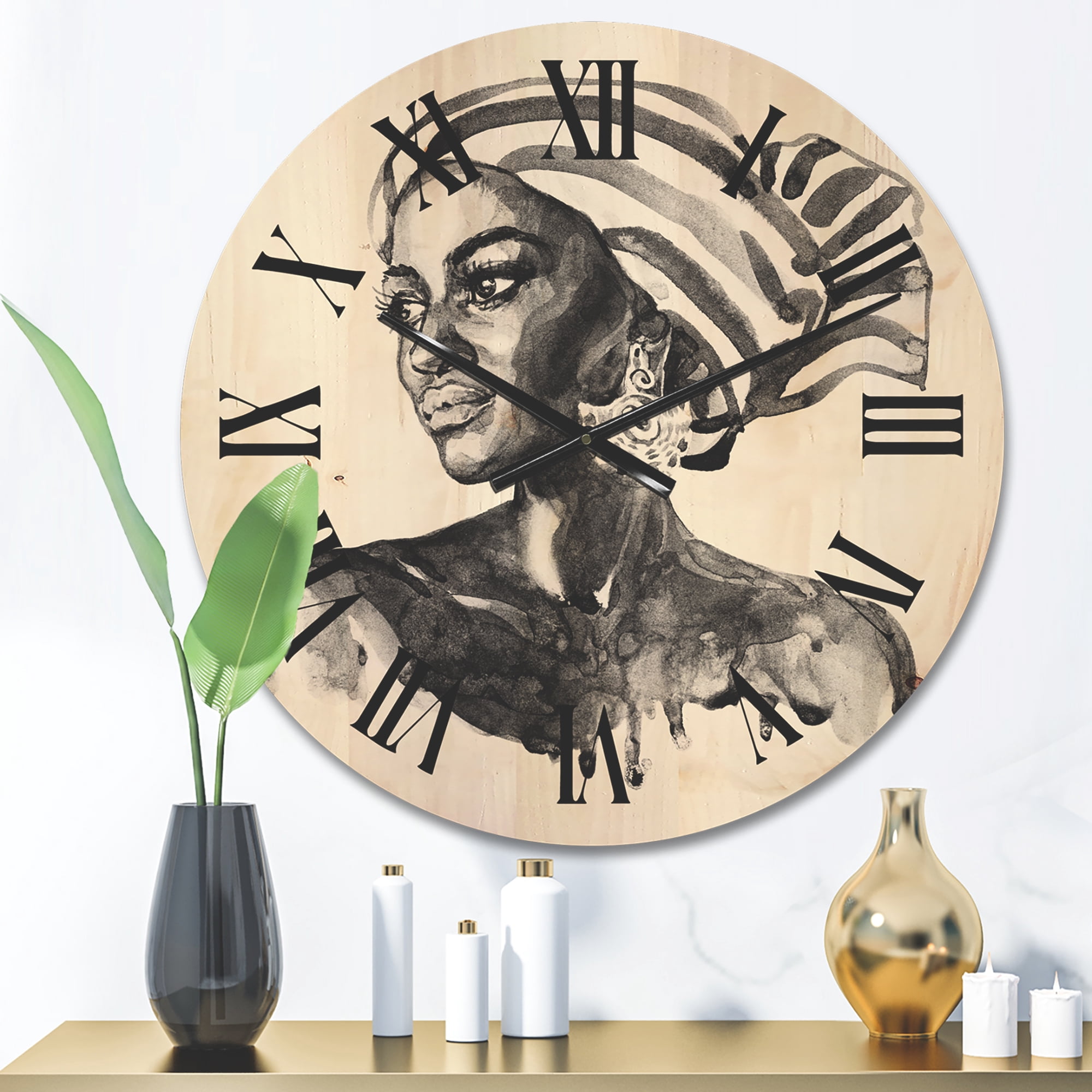 Designart 'Portrait of Afro American Woman XII' Modern Wood Wall Clock