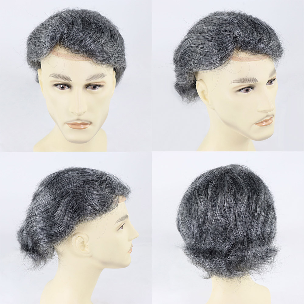 Hair Replacement System for Men Fine Mono with Poly PU Men's Toupee Wigs Human Hair 50% 1B OFF Black with 50% Synthetic Grey White Hair Toupee 10x8 Inch