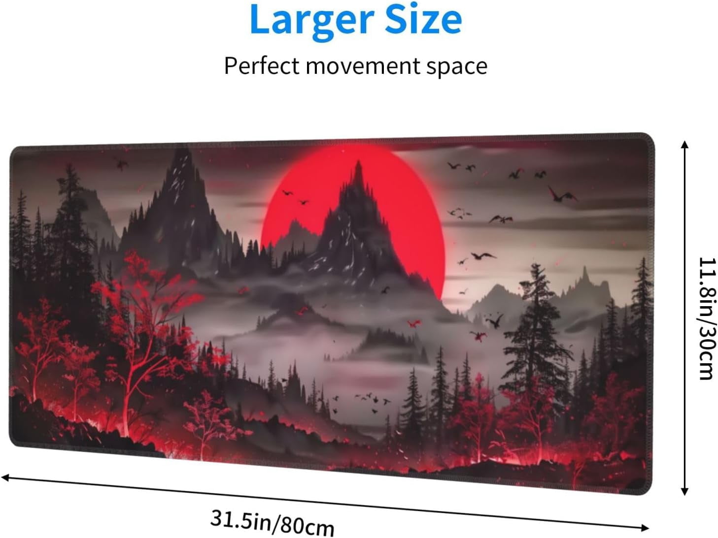 PrimeCook Shop Extended Gaming Mouse Pad, Large Desk Mat XL Anime Mouse Pad Waterproof with Stitched Edges, Non-Slip Desktop Pad for Home and Office, Level Up Your 31.5x11.8 Inch (Darkness Red Moon2)