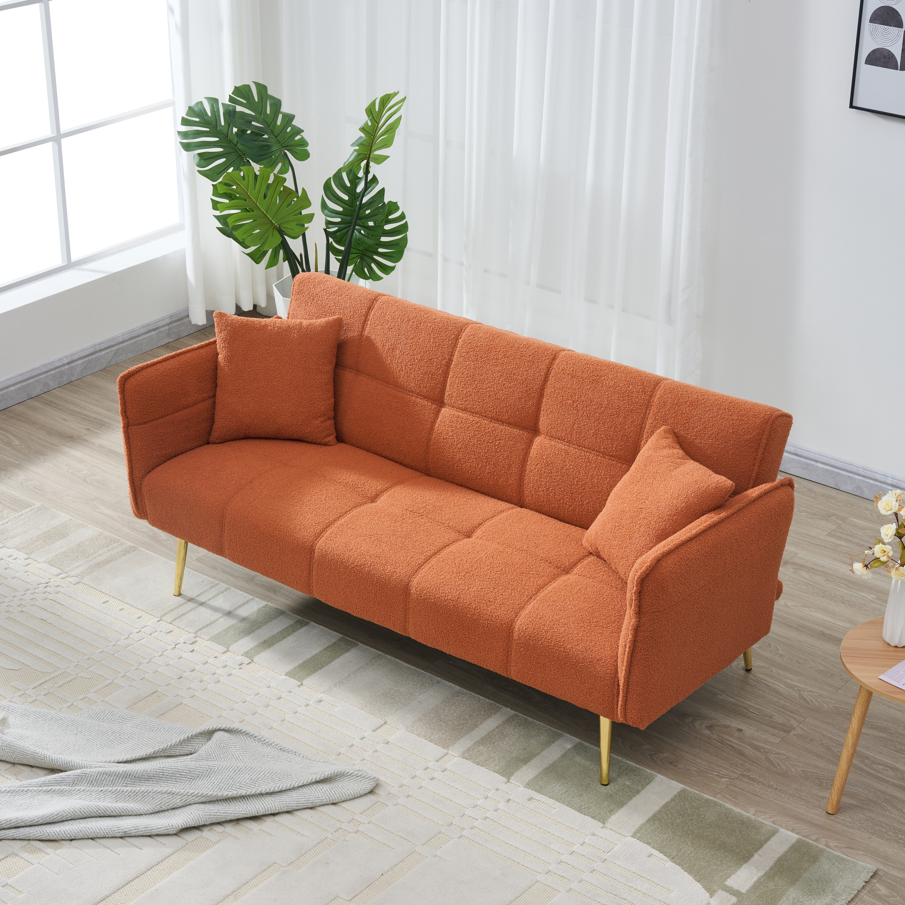 CARZZI 70" Upholstered Teddy Loveseat Sofa, Convertible Futon Sofa Couch with Adjustable Arms, Deep Seat 2 Seater Comfy Cushion Love Seat for Small Space Living Room Bedroom Apartment, Orange