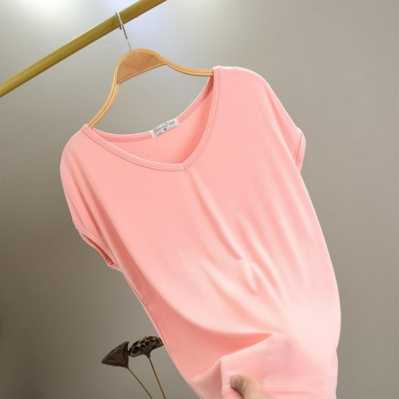 Under 10,Women's Pajama Top, Short Sleeved, Thin V-neck, Solid Color, Comfortable Sleepwear, Nighttime Lounge, Sleep Shirt, Home Fashion On-the-Go Comfort|20%Modal,40% Cotton,40% Polyester,Hot Pink