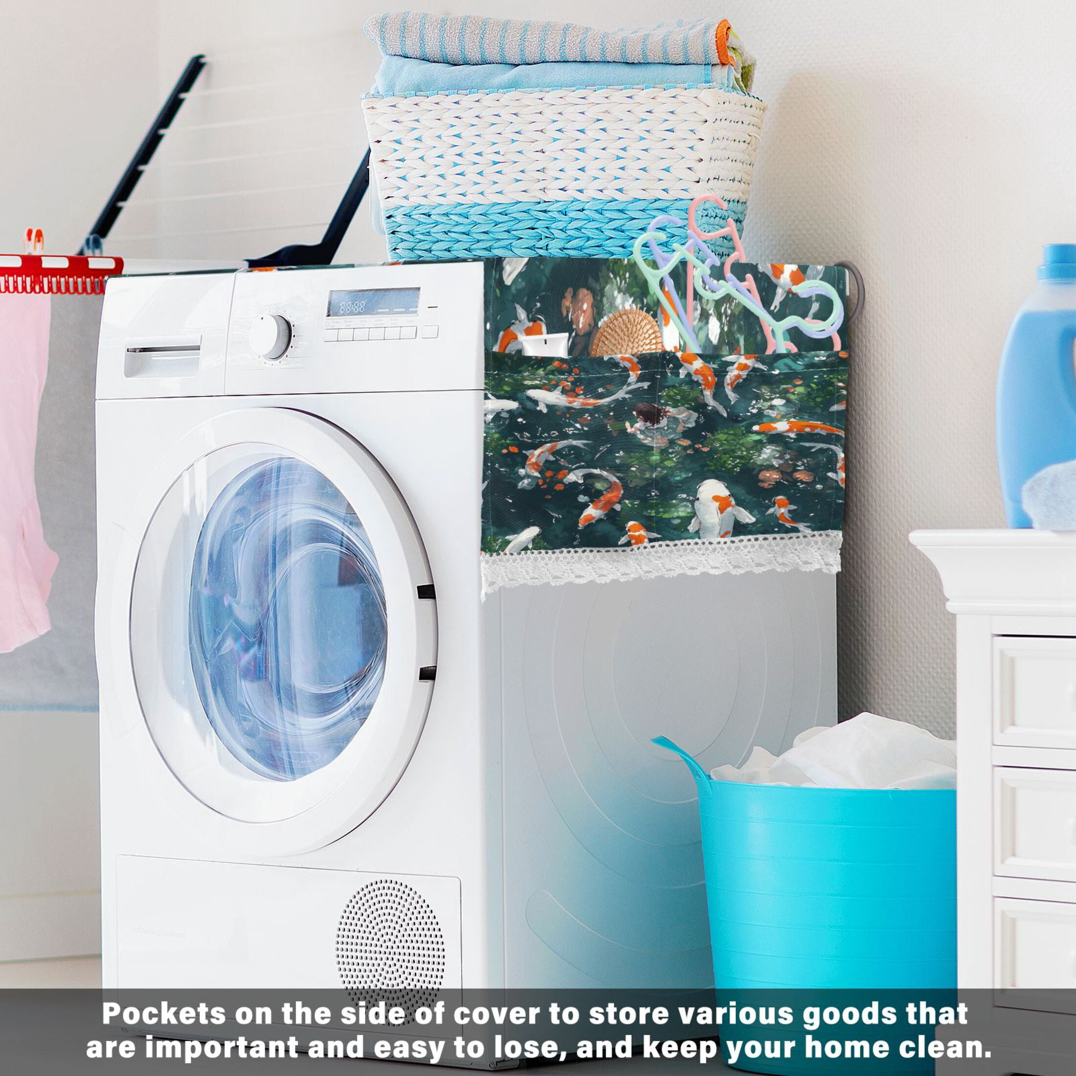 Goldfish GirlWasher and Dryer Covers Dust-Proof and Oil Resistant Fridge Cover with 4 Storage Pockets Washing Machine Top Cover for Laundry Kitchen Home 51.2 x 22 In