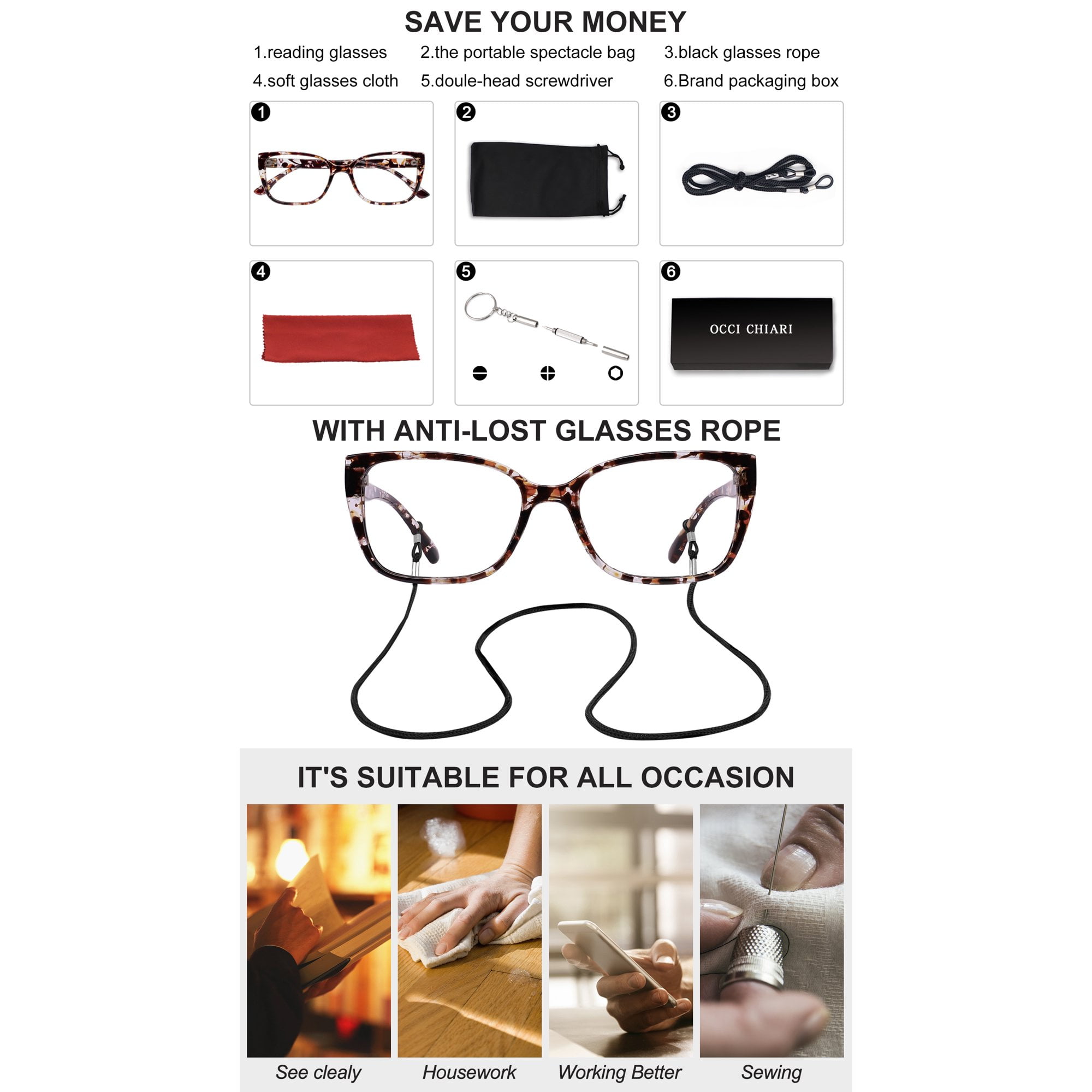 OCCI CHIARI Reading Glasses 2.25 Women Square Reader 225(1.0 1.25 1.5 1.75 2.0 2.25 2.5 2.75 3.0 3.5 4.0 5.0 6.0) Anti Glare, Relieve Eyestrain with Acrylic Lens