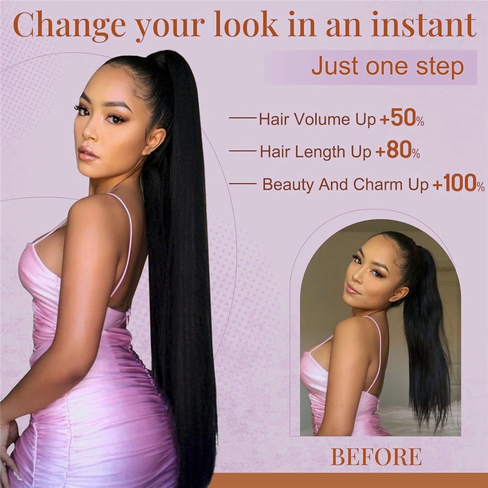 10-26 Inch Long Drawstring Ponytail Extension Natural Color Straight Pony Tail Clip in Remy Hair Piece for Black Women