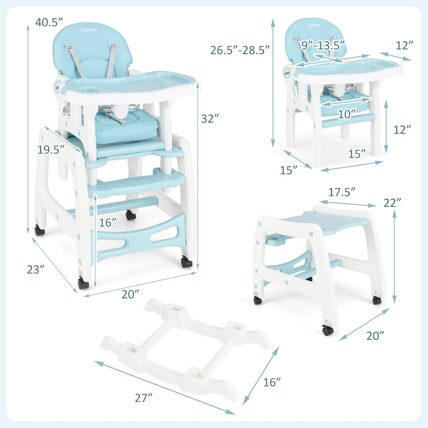 INFANS 5 in 1 Baby High Chair, Convertible Toddler Table with Rocking Chair, Adjustable Back, Removable Tray, Sponge