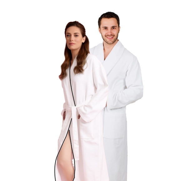 Canadian Linen Aegean Turkish Cotton & Waffle Luxury Terry Bath robe Set – Super Soft Plush Absorbent - Shawl Collar Robe - 100% Premium Cotton Light Weight Lounge Wear Two Pockets, Large, White
