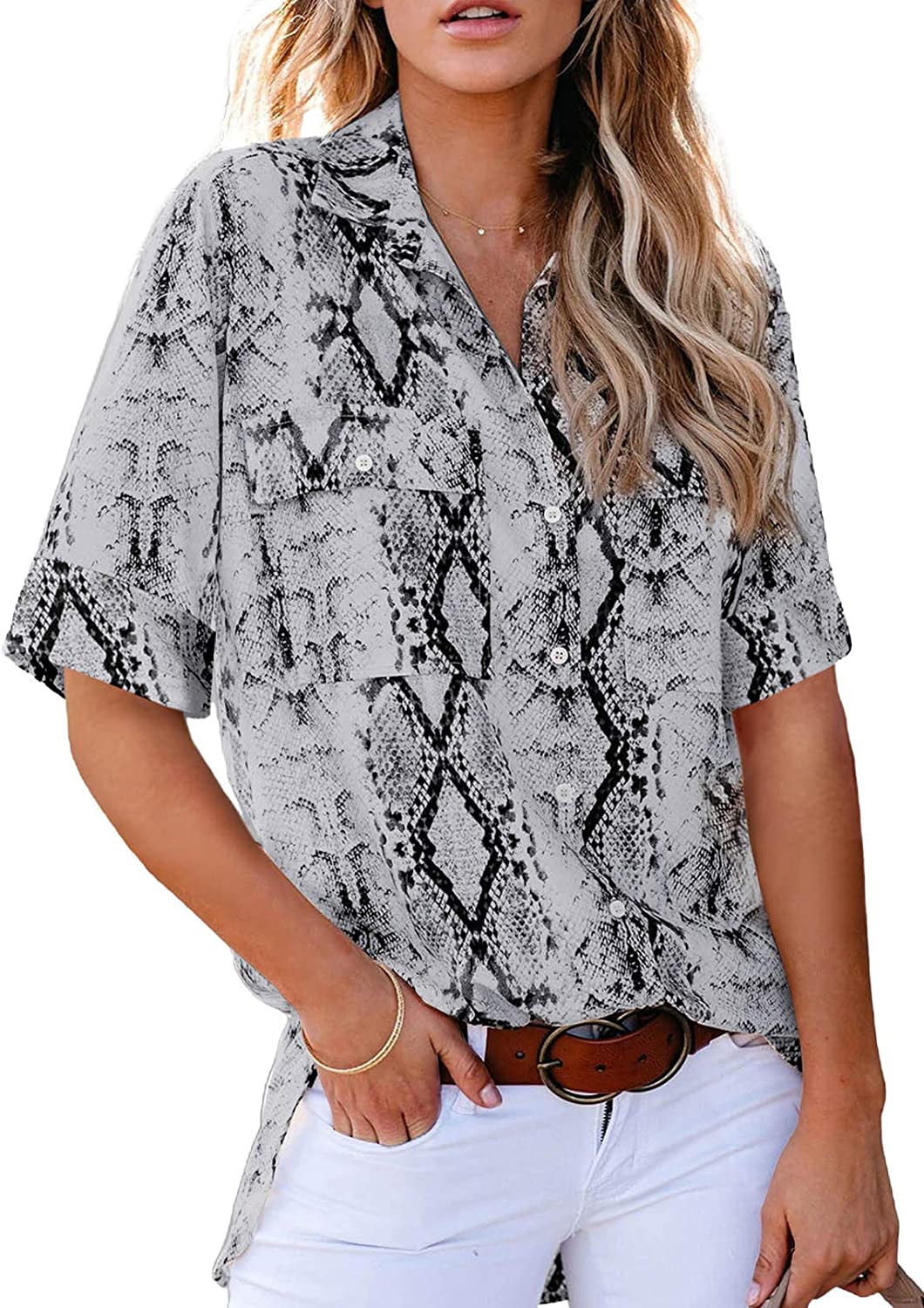 Snake Print Button outlet Down 3/4 Tab Sleeve Tunic Blouse