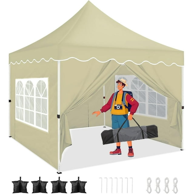 SANOPY 10' x 10' Pop up Canopy Party Tent with 4 Removable Sidewalls, Wave Eave Outdoor Waterproof Patio Gazebo Tent with Carry Bag, Backyards Camping Picnics, Khaki