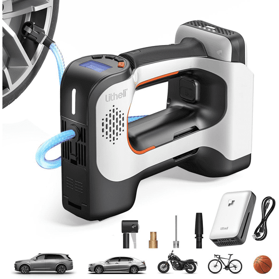 Litheli Cordless Tire Inflator, 140 Psi Air Compressor for Car Tires with Auto Shutoff, Compact Pump with Gauge & LED Light, and 2.0Ah Portable Battery