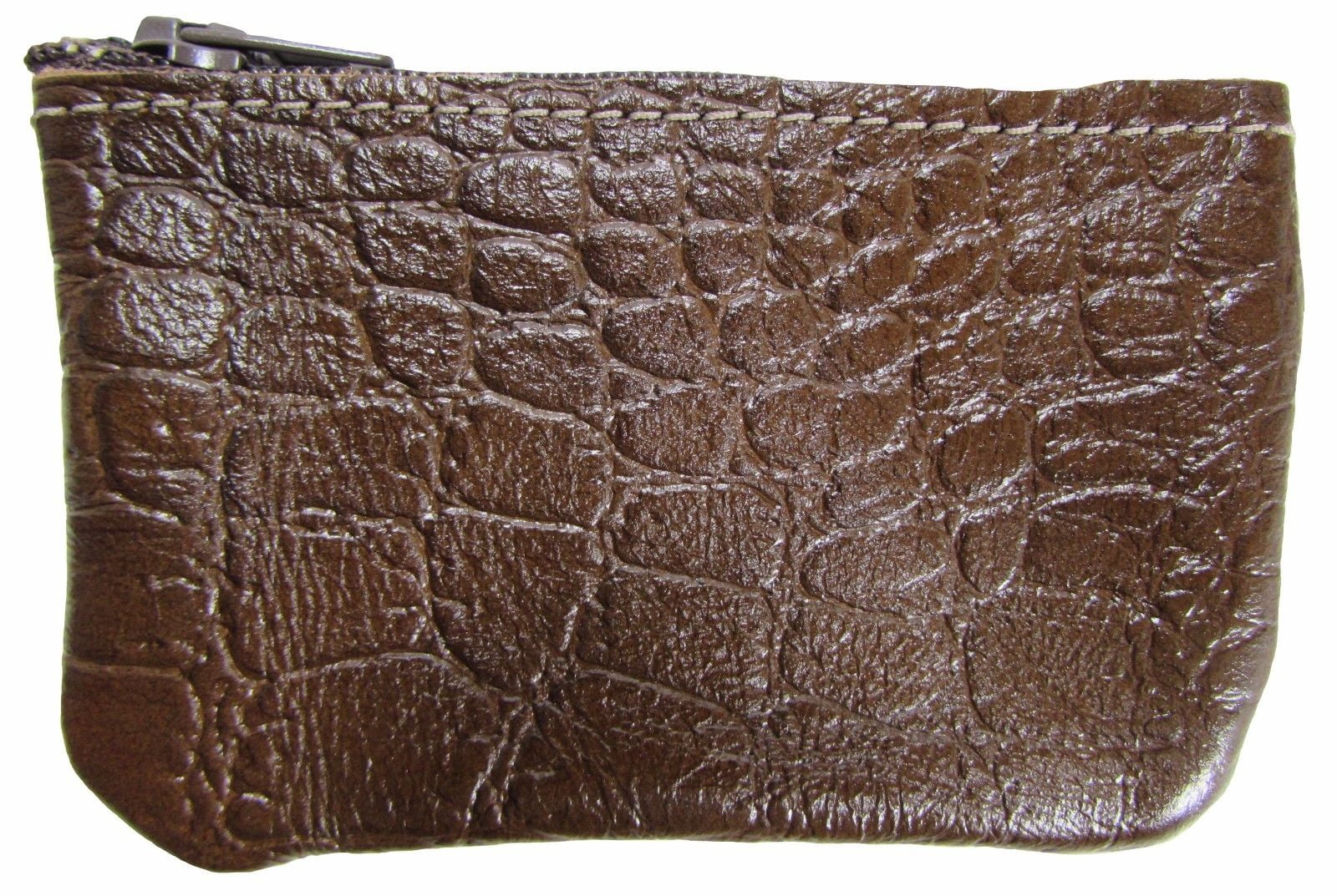 Leather Zippered Coin Pouch Change Holder USA Made, Brown Croco