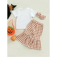 thumbnail image 4 of Bagilaanoe 3Pcs Toddler Baby Girls Long Pants Set Letters Print Short Sleeve T-shirt Tops + Plaid Flare Trousers + Headband 6M 12M 18M 24M 3T 4T Kids Casual Outfits, 4 of 8