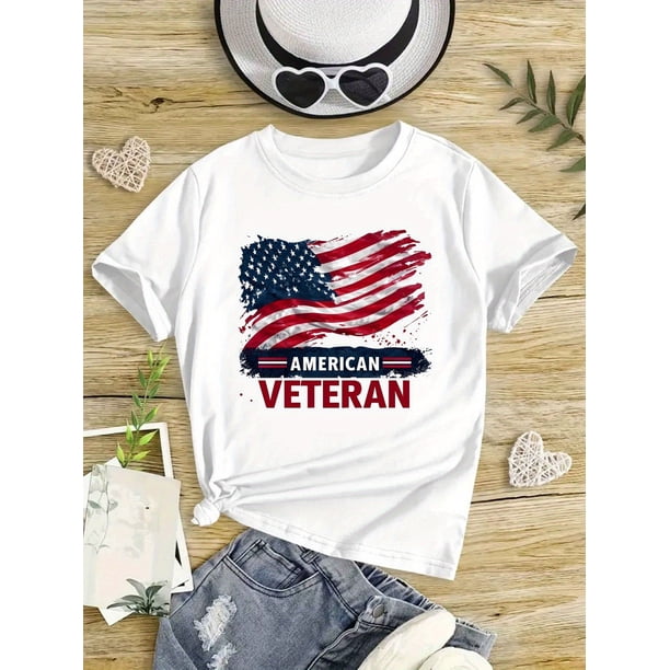 American Veteran Cotton Girls' T-Shirt - Patriotic Flag Design, Crew Neck, Short Sleeve, Casual Summer Top for Veterans Day