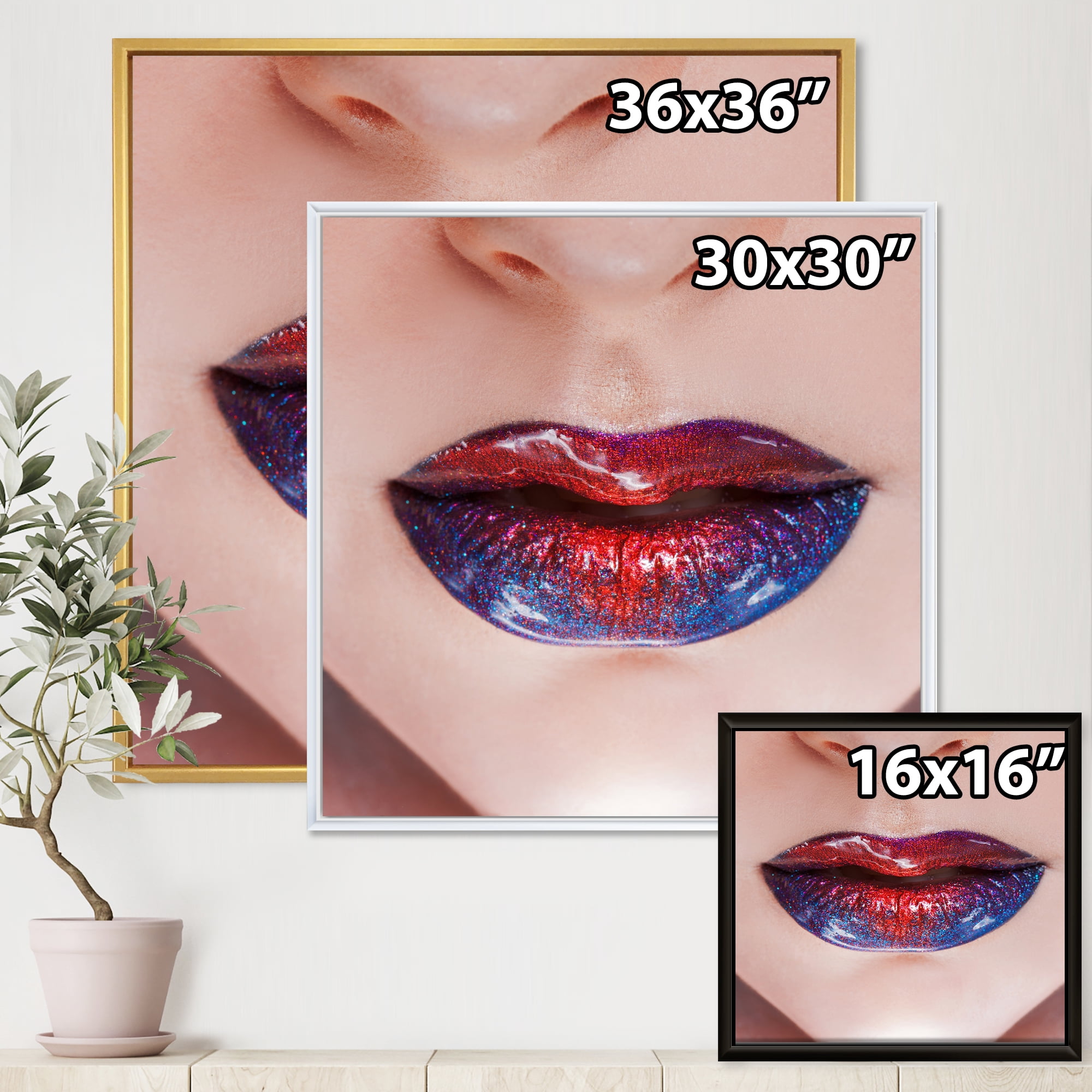 Designart 'Beautiful Women Lips With Red and Blue Lipstick' Modern Framed Canvas Wall Art Print