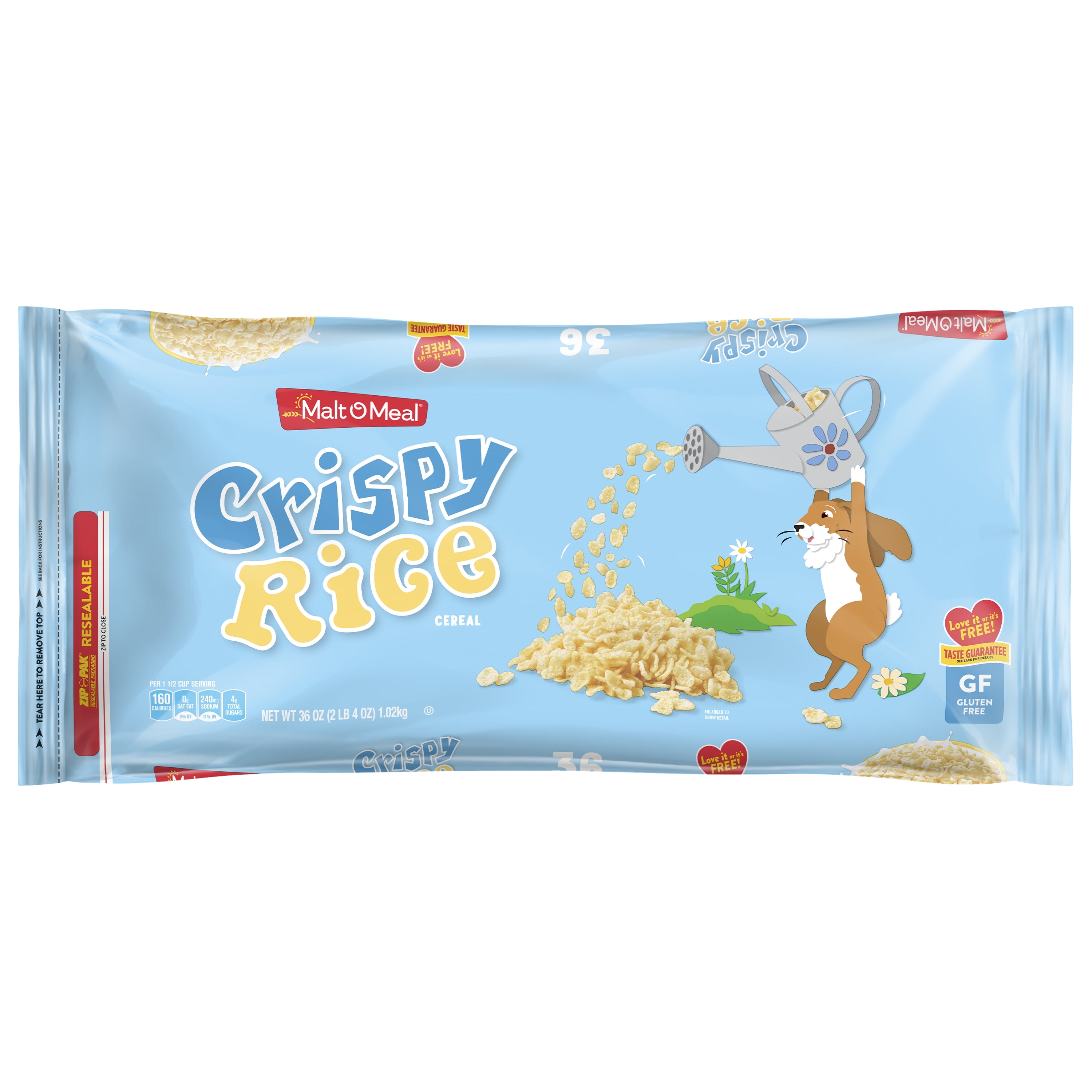 Malt-O-Meal Crispy Rice Cereal, Gluten Free Breakfast Cereal, 36 OZ Resealable Cereal Bag