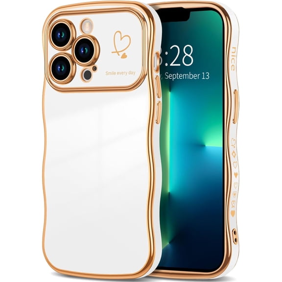 for iPhone 13 Pro Case for Women Girls, Cute Curly Wave Frame Shape Love Heart Design, Luxury Plating Wavy Edge Full Camera Protection Soft TPU Shockproof Phone Case Cover, White